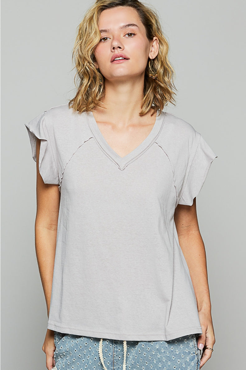 V Neck Ruffle Short Sleeve Tee