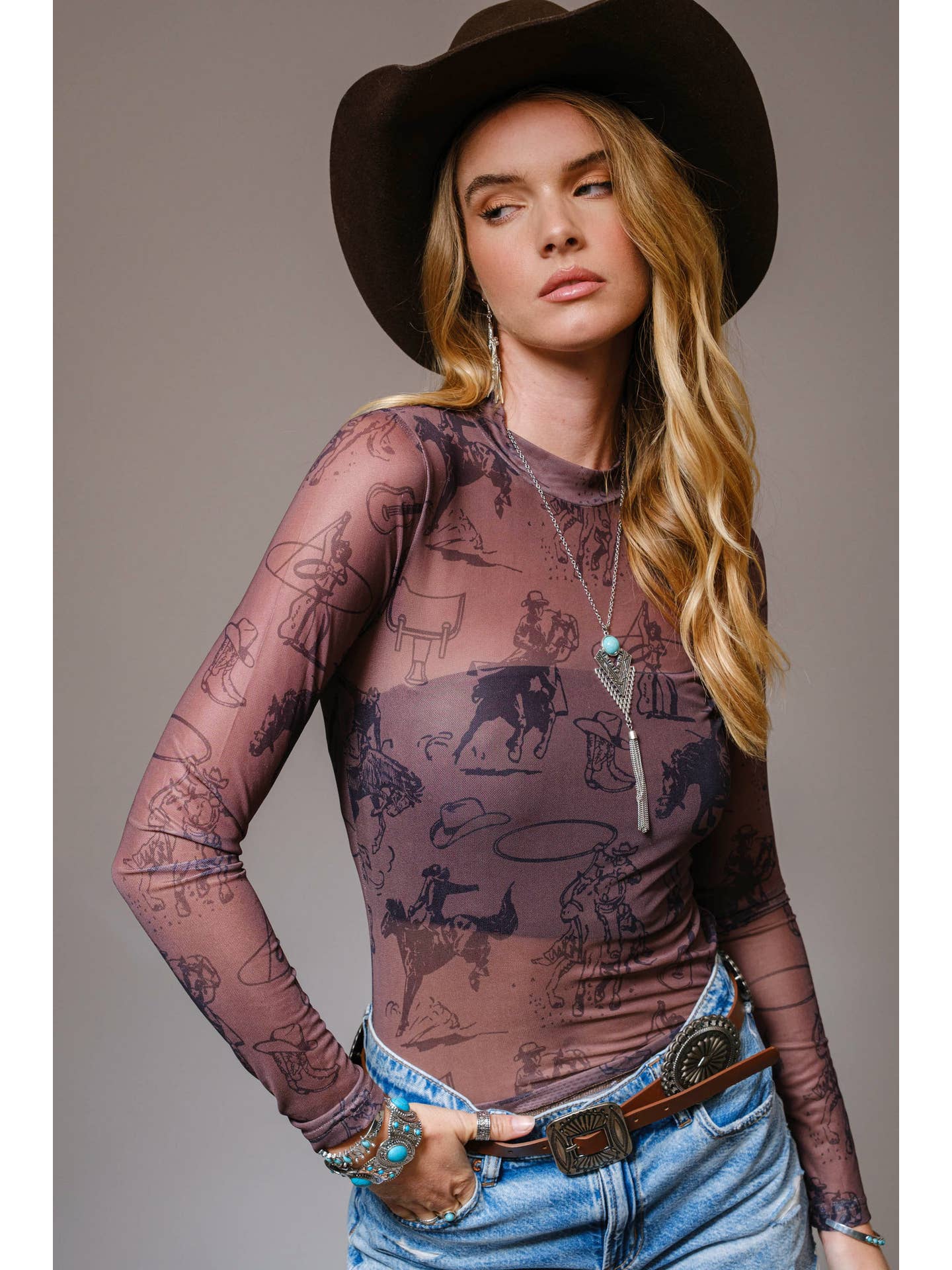 Cowgirl Print Mesh Top