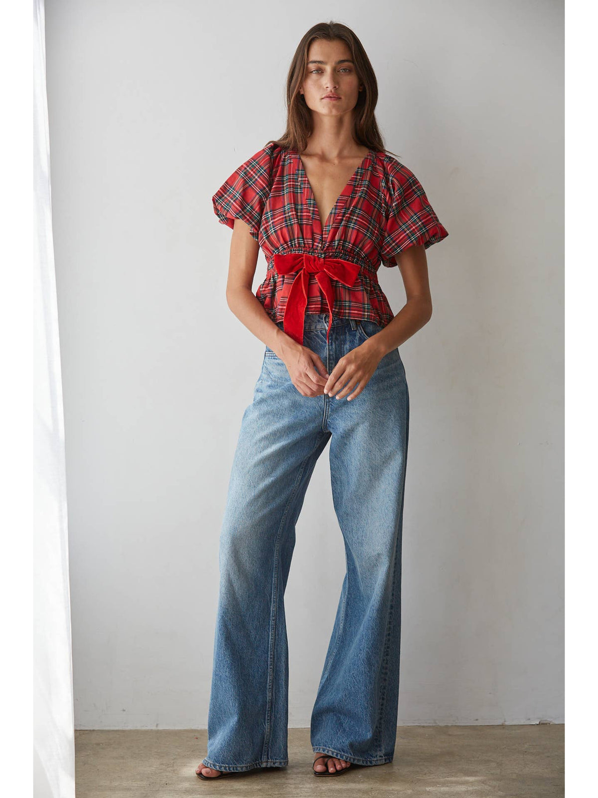 Plaid Plunged V-Neck Peplum Top