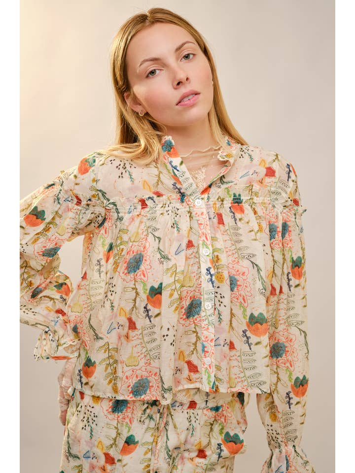 Ruffle Yoke Balloon Sleeve Top