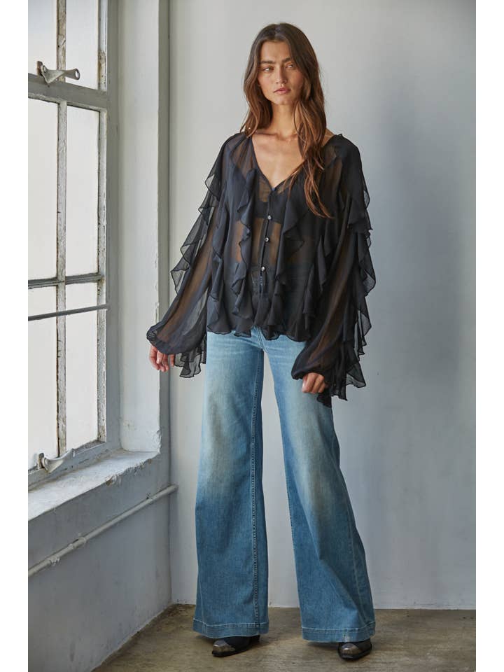 Ruffle V Neck Button Down Top