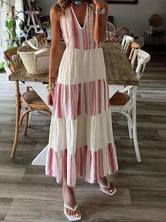 V Neck Stripe Print Maxi Dress