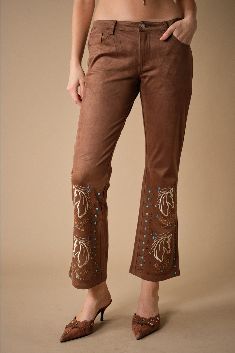 Embroidered Faux Suede Pant