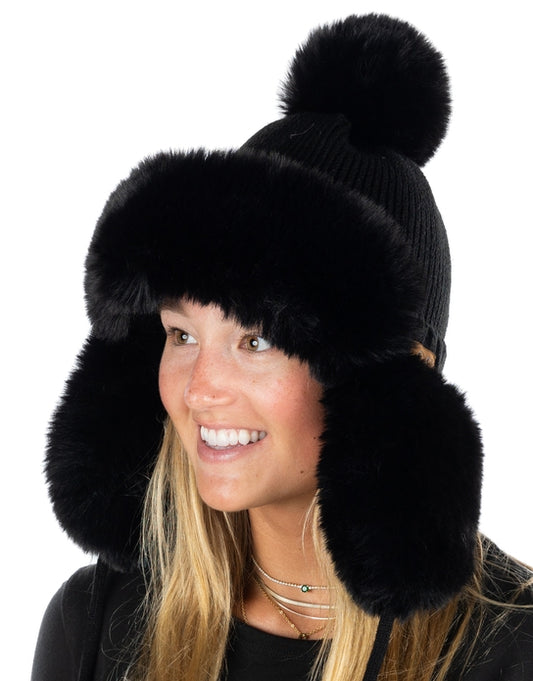 Fluffy Knit Trapper Pom Hat - Black