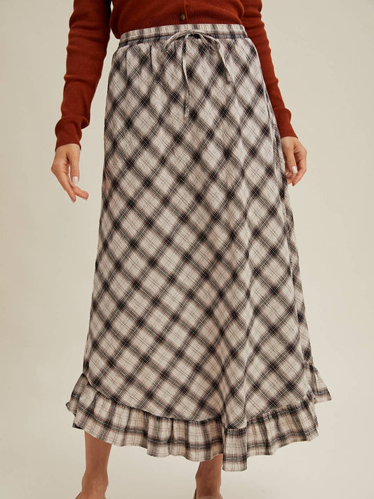 Plaid Ruffle Hem Midi Skirt