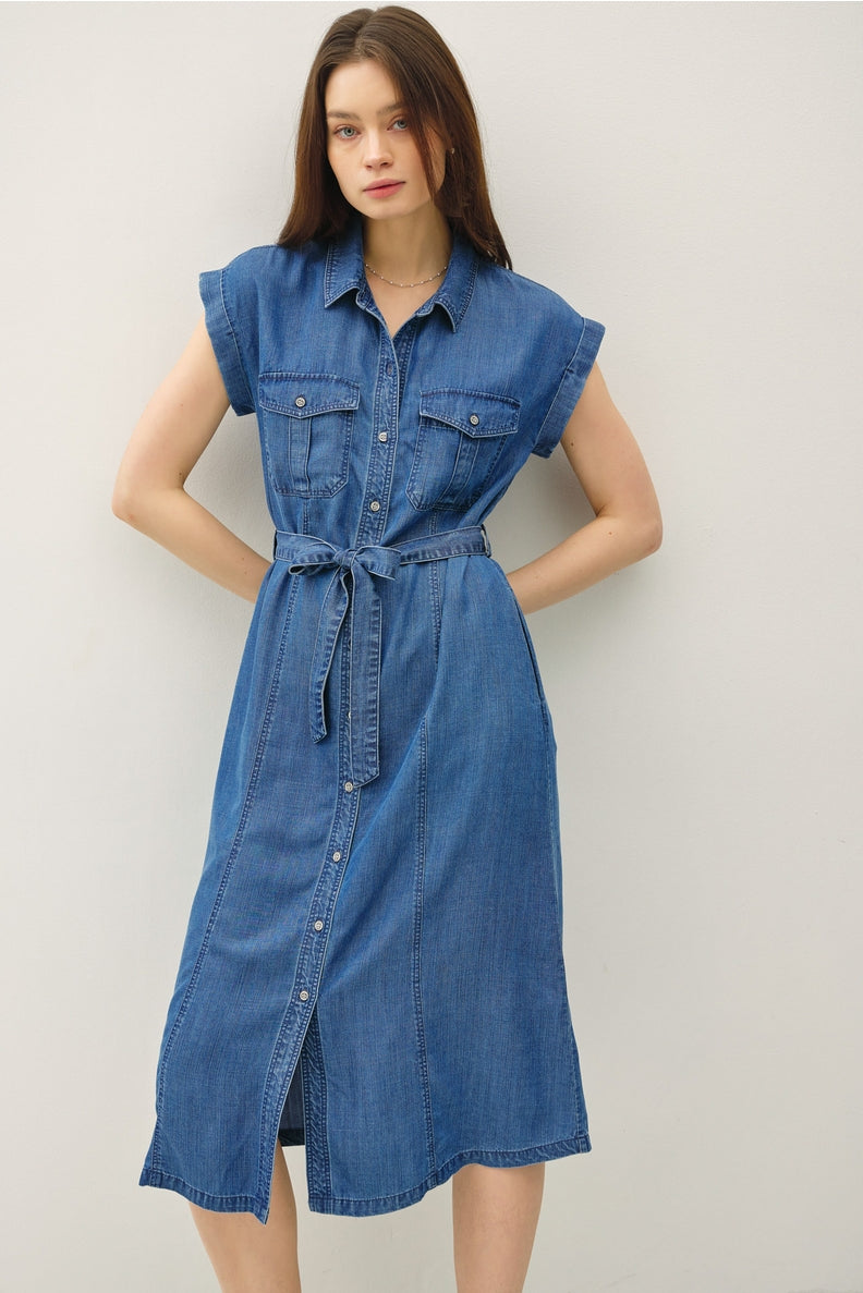 Denim Belted Button Up Dress