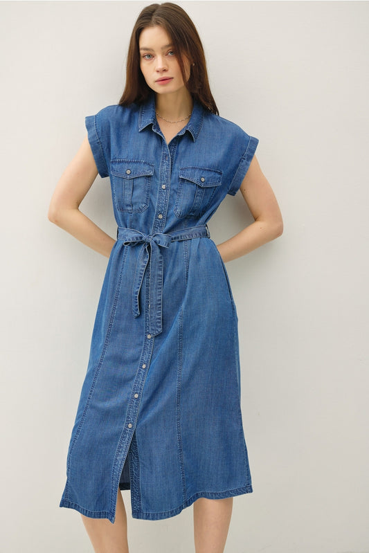 Denim Belted Button Up Dress