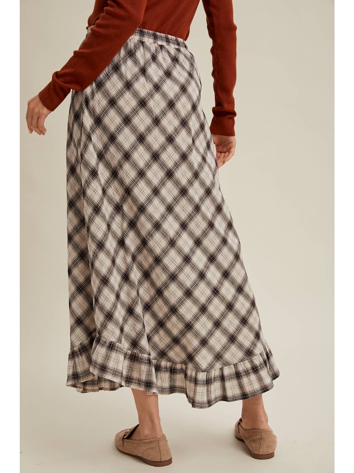 Plaid Ruffle Hem Midi Skirt