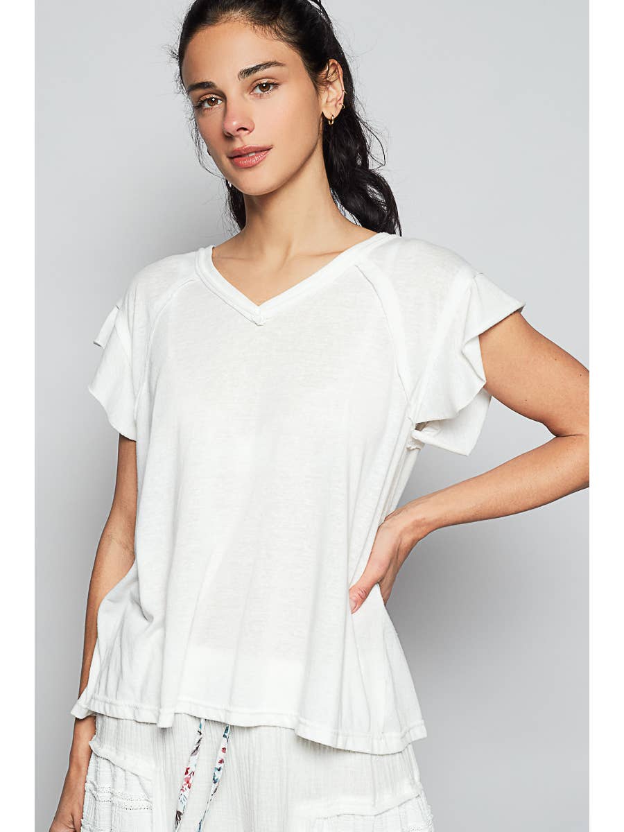 V Neck Ruffle Short Sleeve Tee