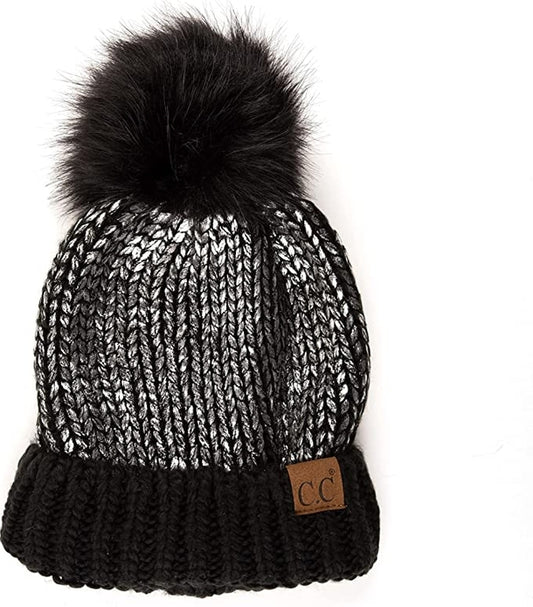 Metallic Foil Knit Pom Beanie - Black