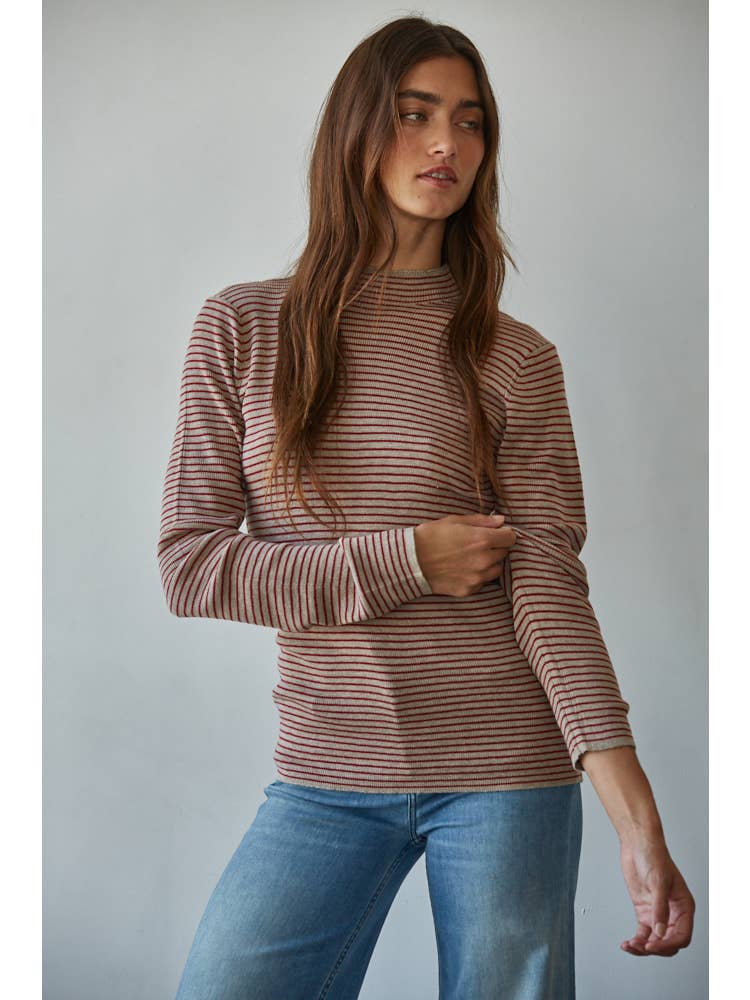 Knit Sweater Striped Mock Neck Long Sleeve Top