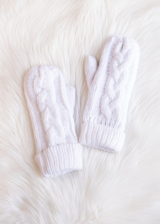 White Cable Knit Mittens