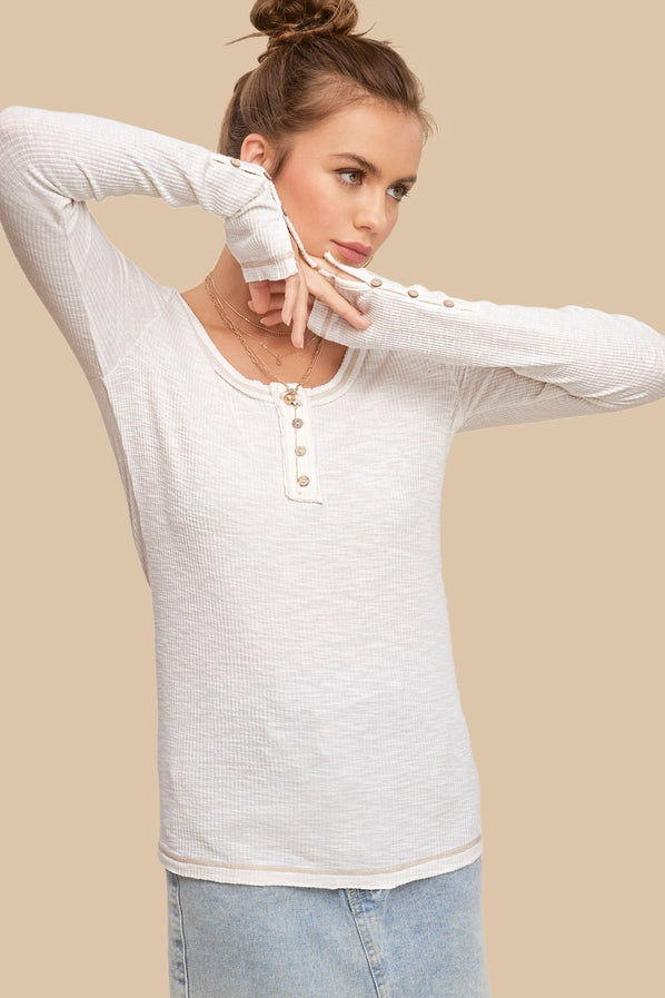 Ribbed Henley Long Sleeve Top Ivory