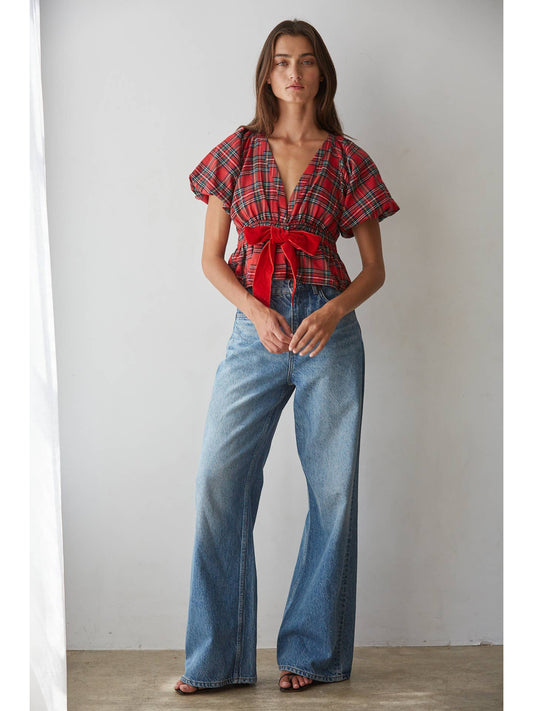 Plaid Plunged V-Neck Peplum Top