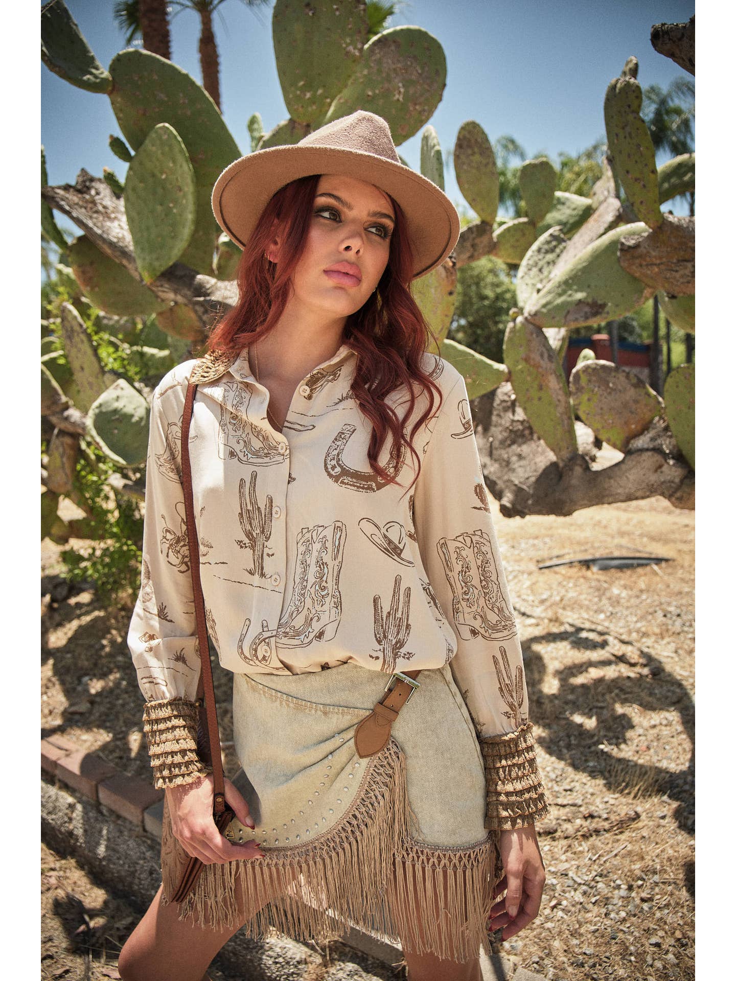 Western Print Ruffle Cuff Top