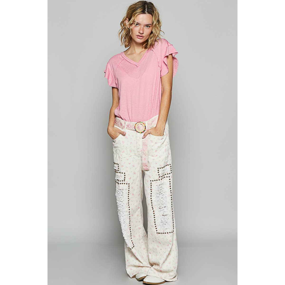 V Neck Ruffle Short Sleeve Tee