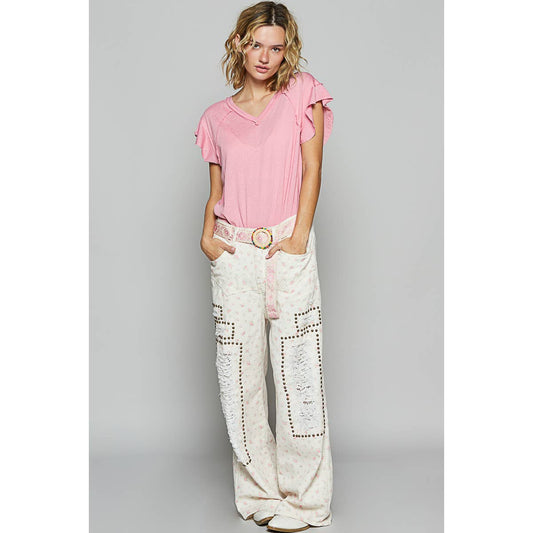 V Neck Ruffle Short Sleeve Tee