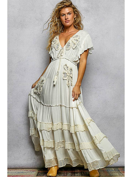 Ruffle Trim V-Neck Maxi Dress