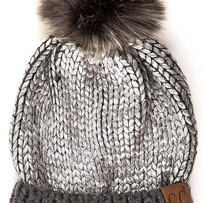 Metallic Foil Pom Beanie - Silver