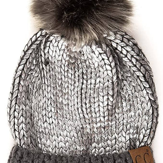 Metallic Foil Pom Beanie - Silver