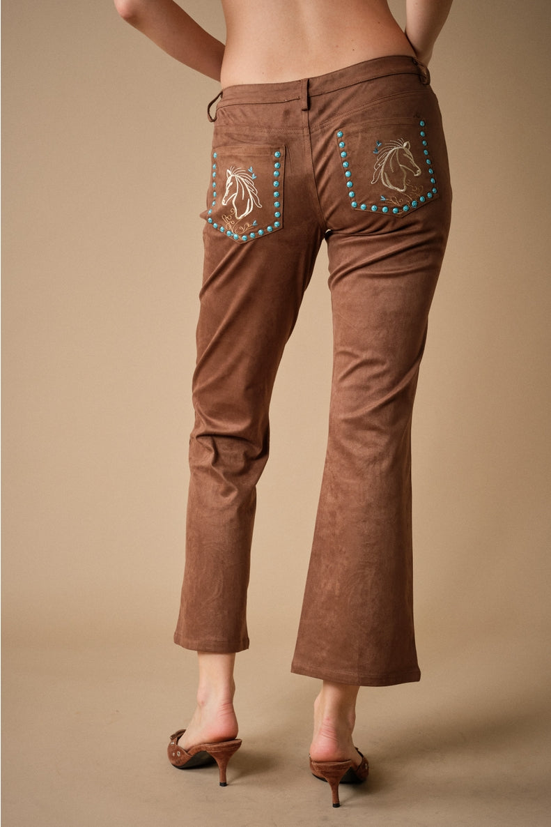 Embroidered Faux Suede Pant