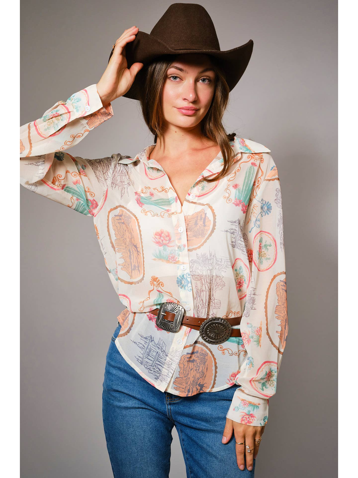 Western Print Chiffon Shirt
