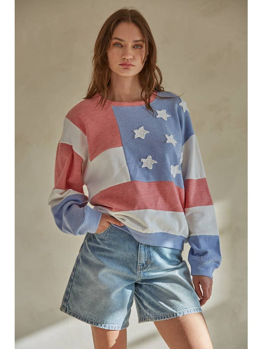 America Flag Patchwork Crew Neck