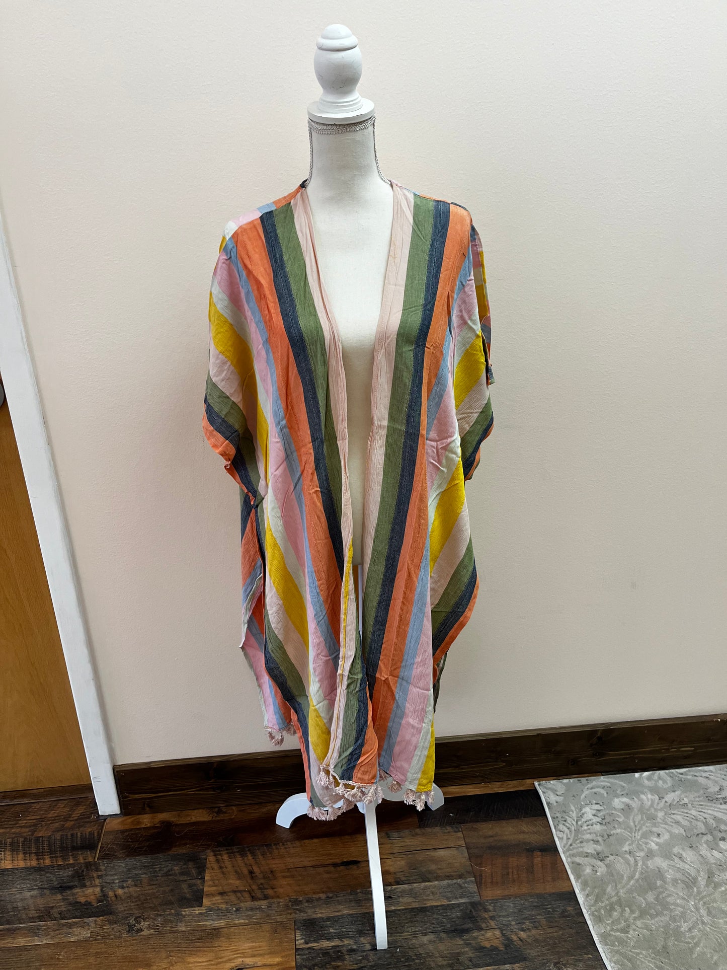 Striped Kimono with Pom Pom Trim