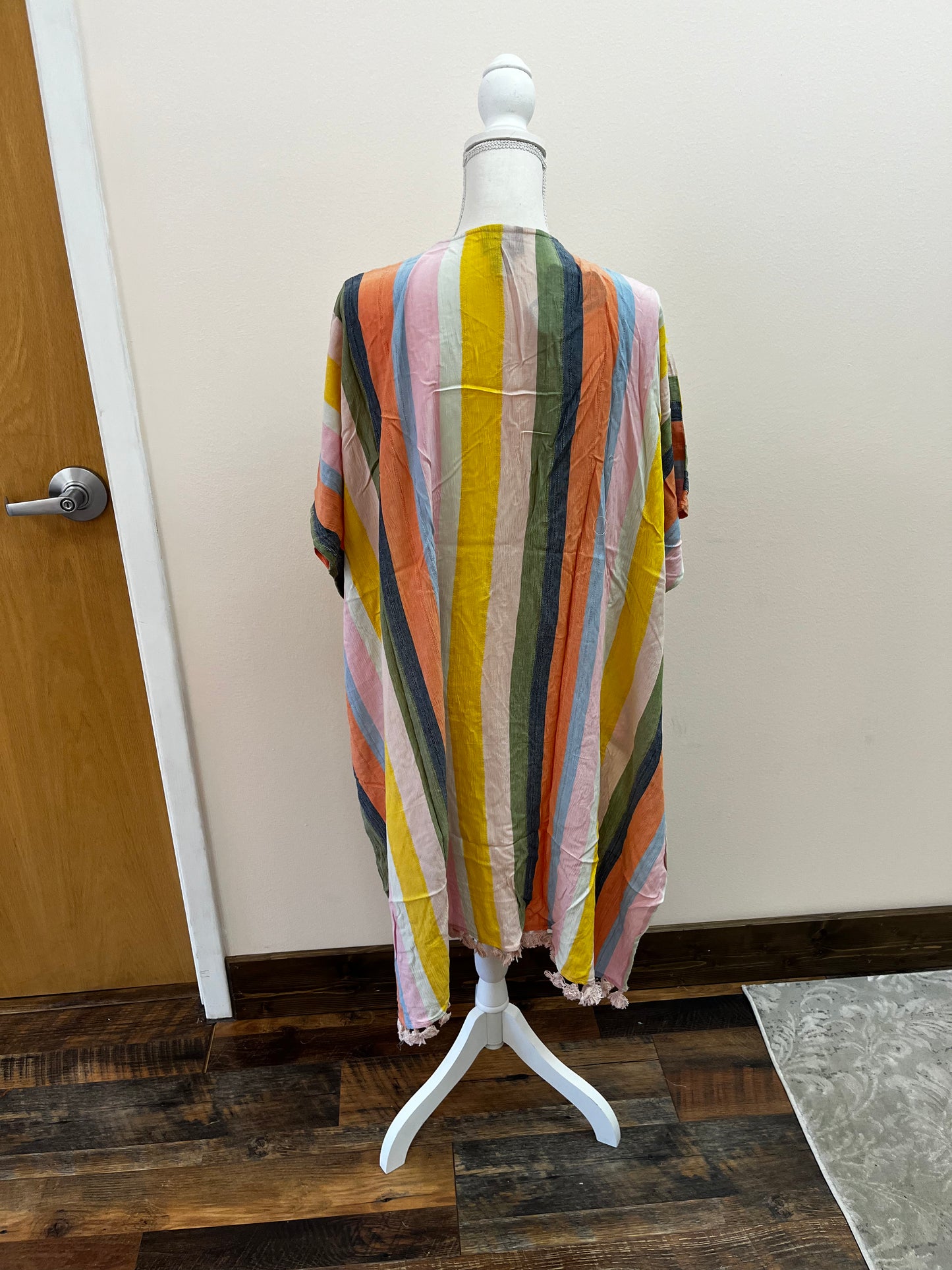 Striped Kimono with Pom Pom Trim