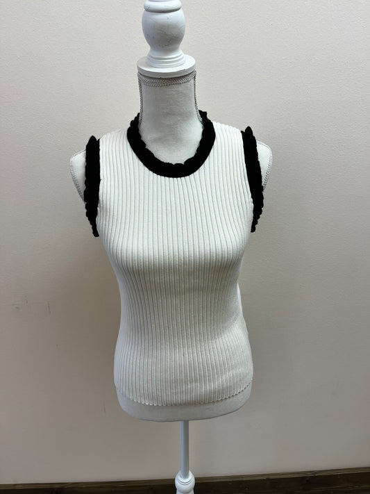 Ruffle White & Black Sleeveless Sweater Top