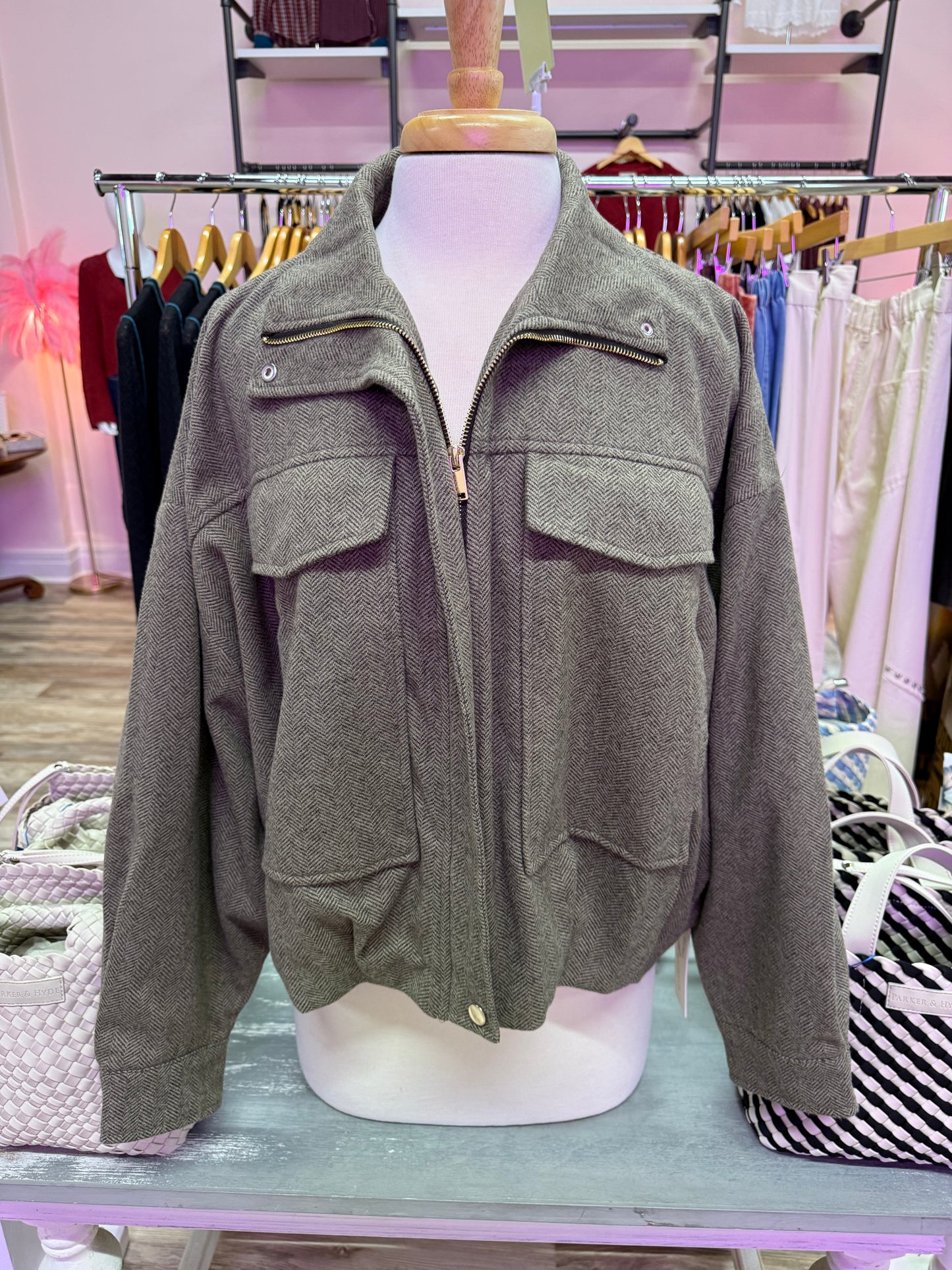 Mocha Herringbone Twill Bomber Jacket