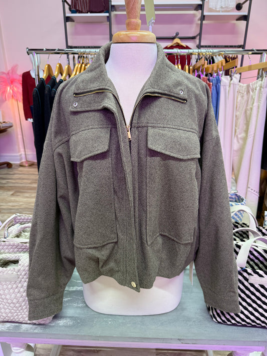 Mocha Herringbone Twill Bomber Jacket