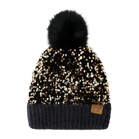Sequin Pom Beanie - Black