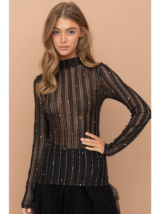 Star Mesh Mock Long Sleeve Top