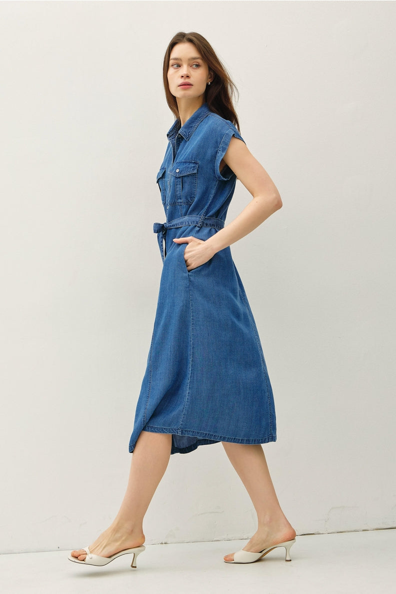 Denim Belted Button Up Dress