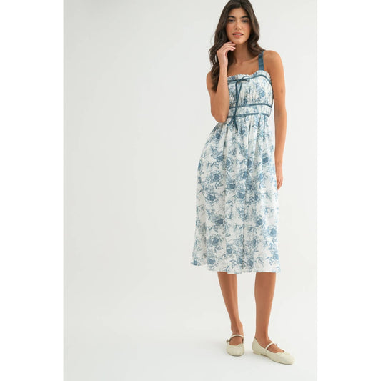 Floral Midi Dress w/ Velvet Trim