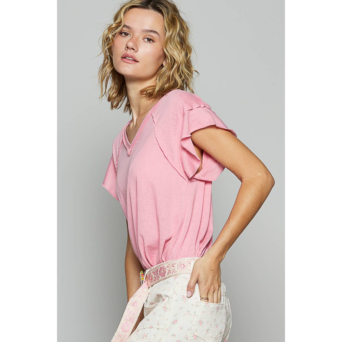 V Neck Ruffle Short Sleeve Tee