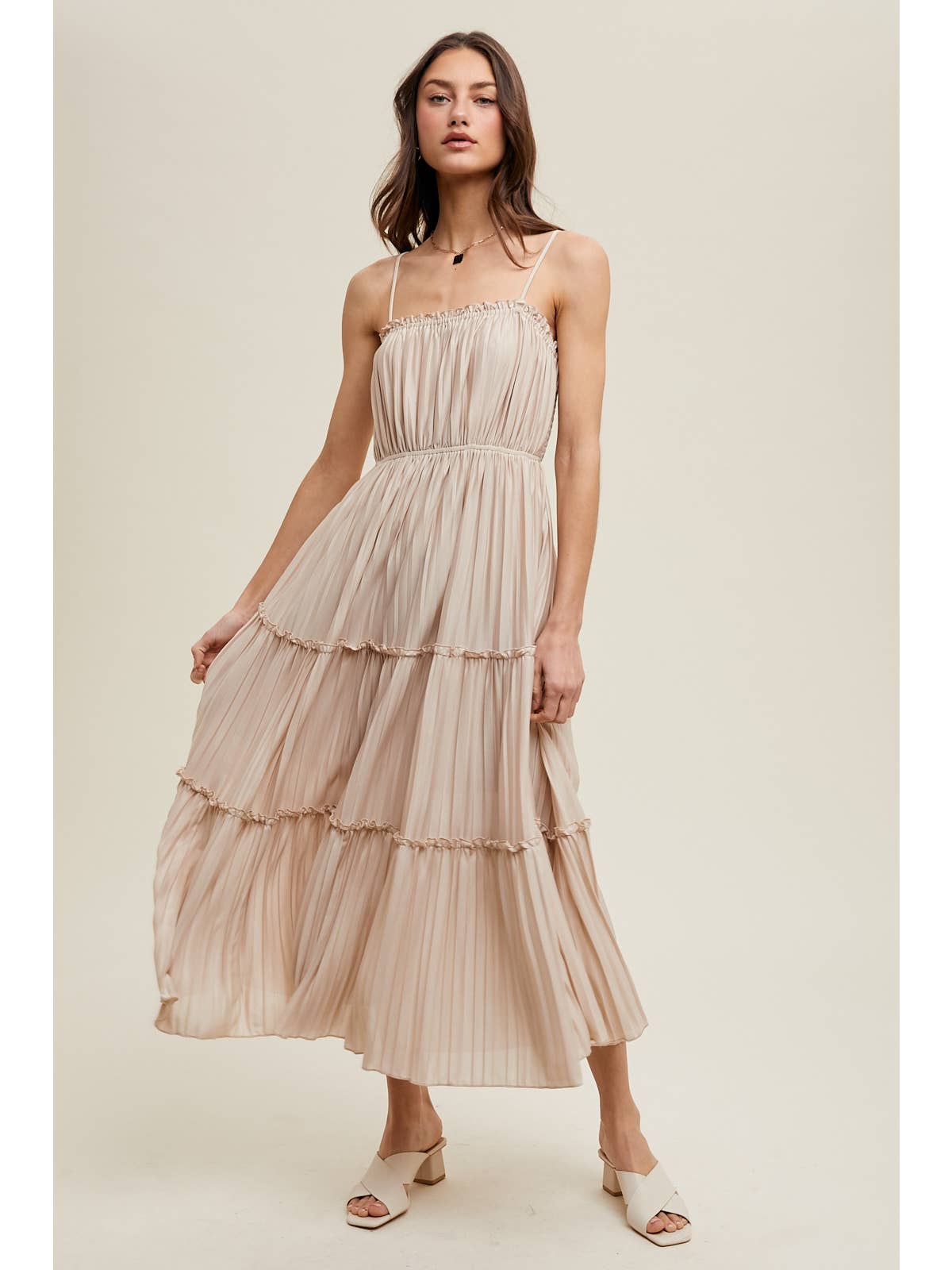 Pleated Tiered Maxi Dress with Ruffle Detail