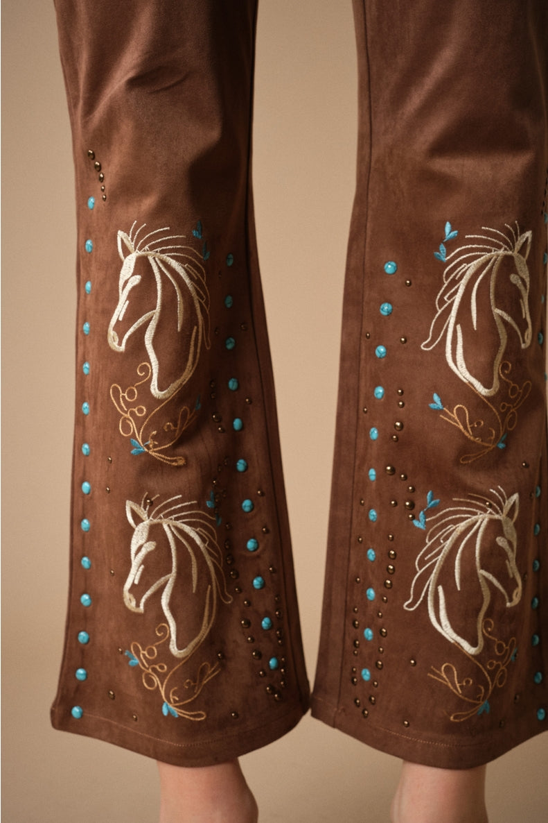Embroidered Faux Suede Pant