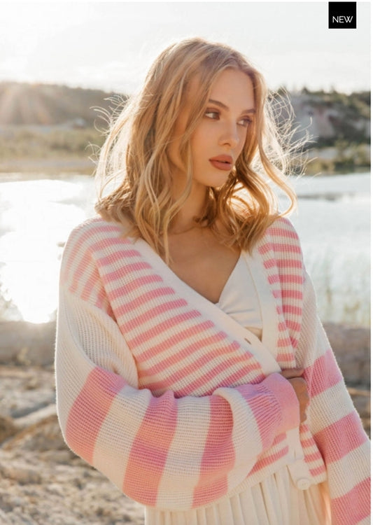 Striped V Neck Button Cardi Pink