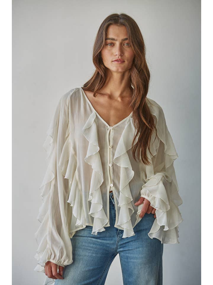 Ruffle V Neck Button Down Top
